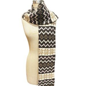 Vintage GAP Wool Blend Knit Scarf – Fair Isle Pattern, Brown & Cream, Long Fring